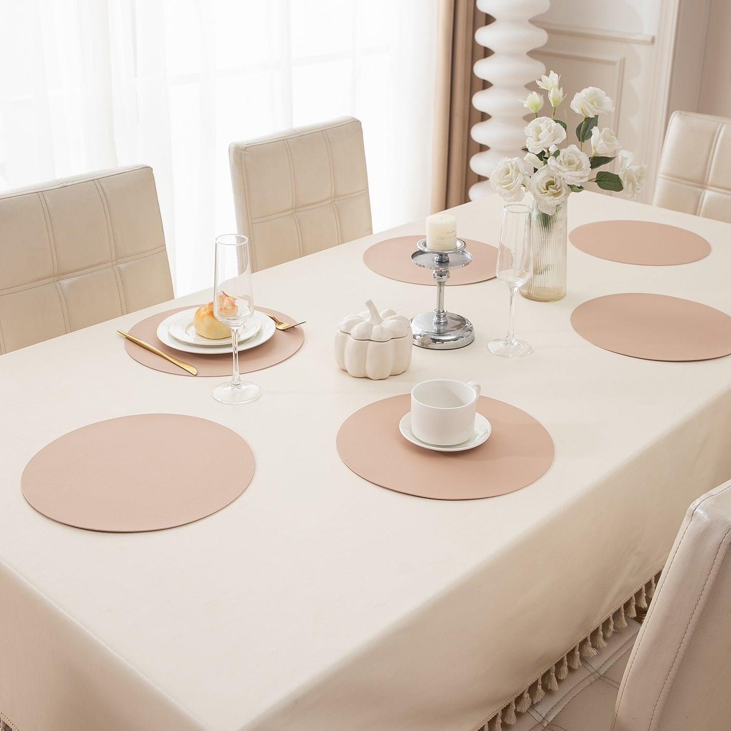 Premium Faux Leather Dining Table Round Mats, Beige - HOKIPO | Har Ghar ka Humsafar