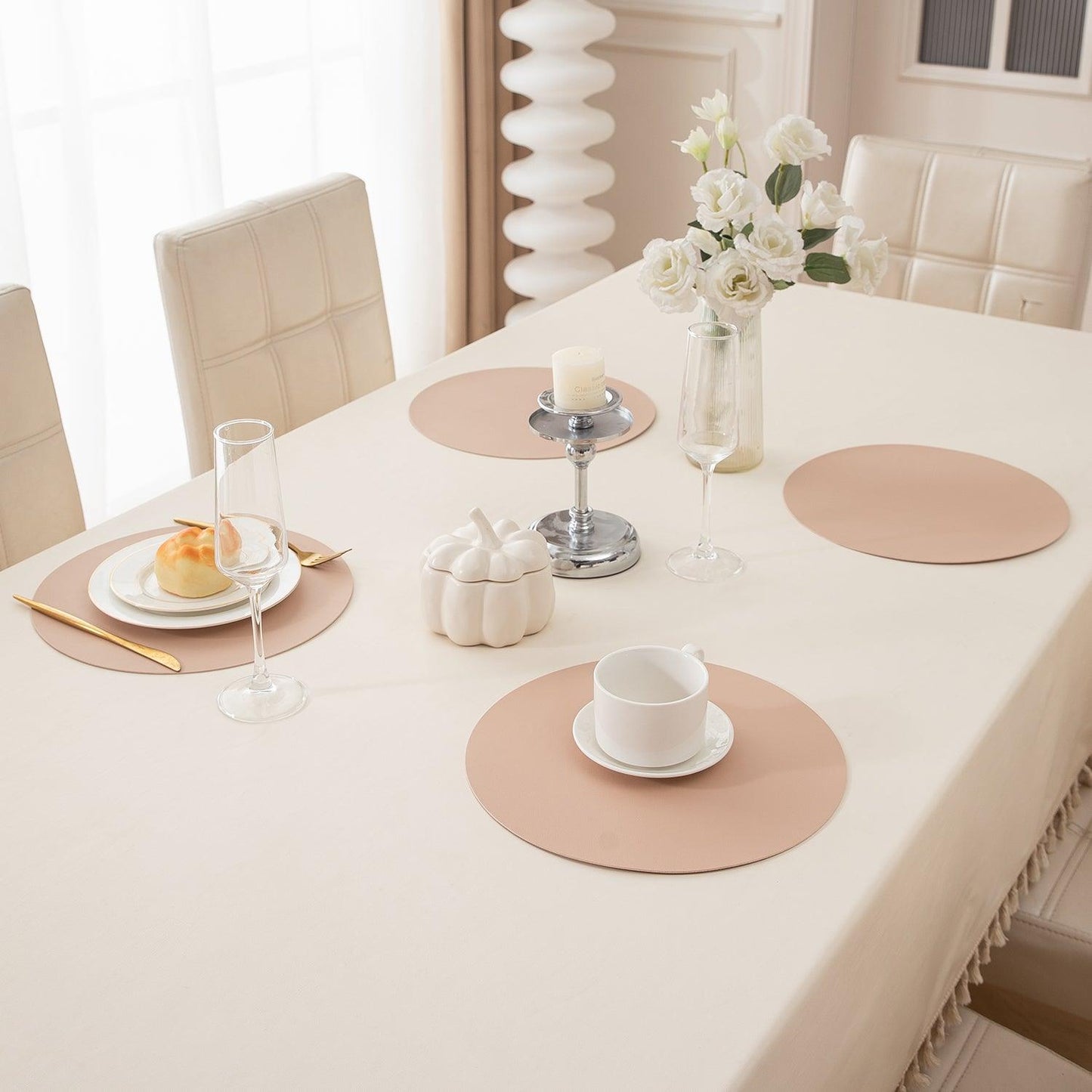 Premium Faux Leather Dining Table Round Mats, Beige - HOKIPO | Har Ghar ka Humsafar