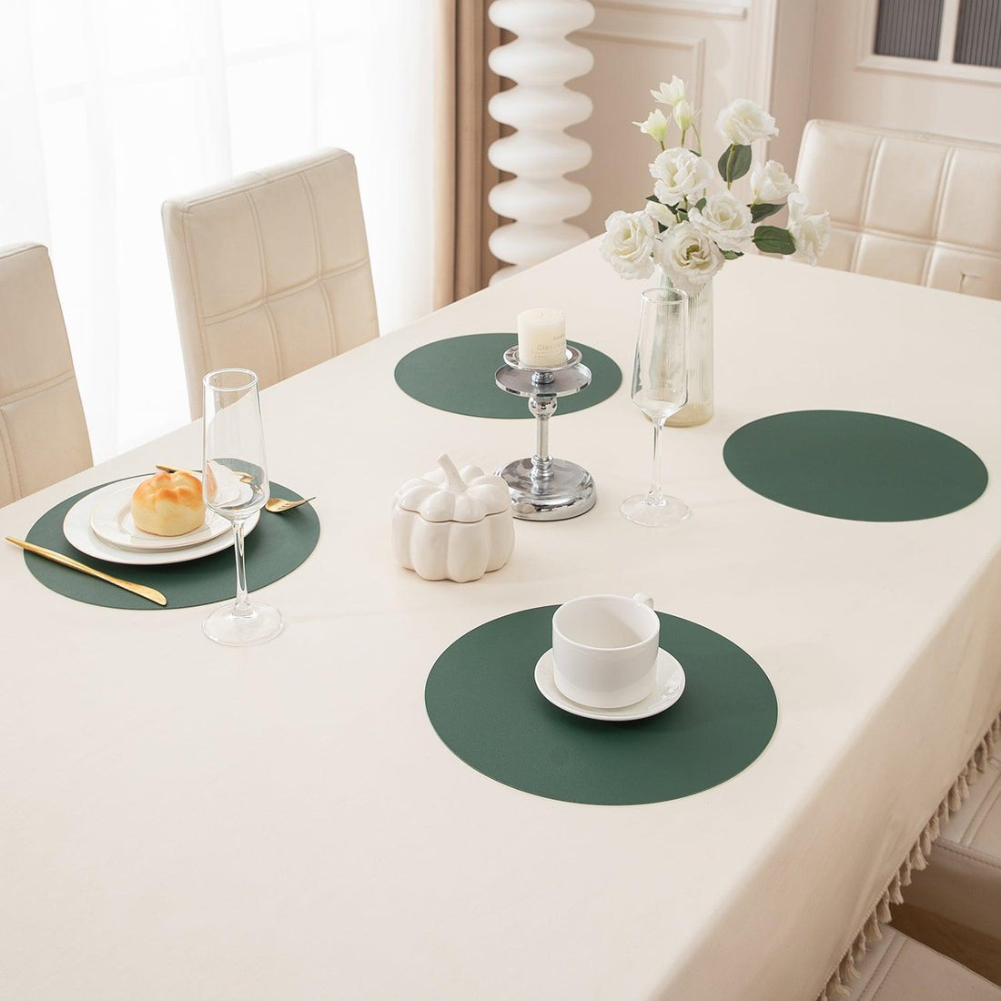 Premium Faux Leather Dining Table Round Mats, Juniper Green - HOKIPO | Har Ghar ka Humsafar