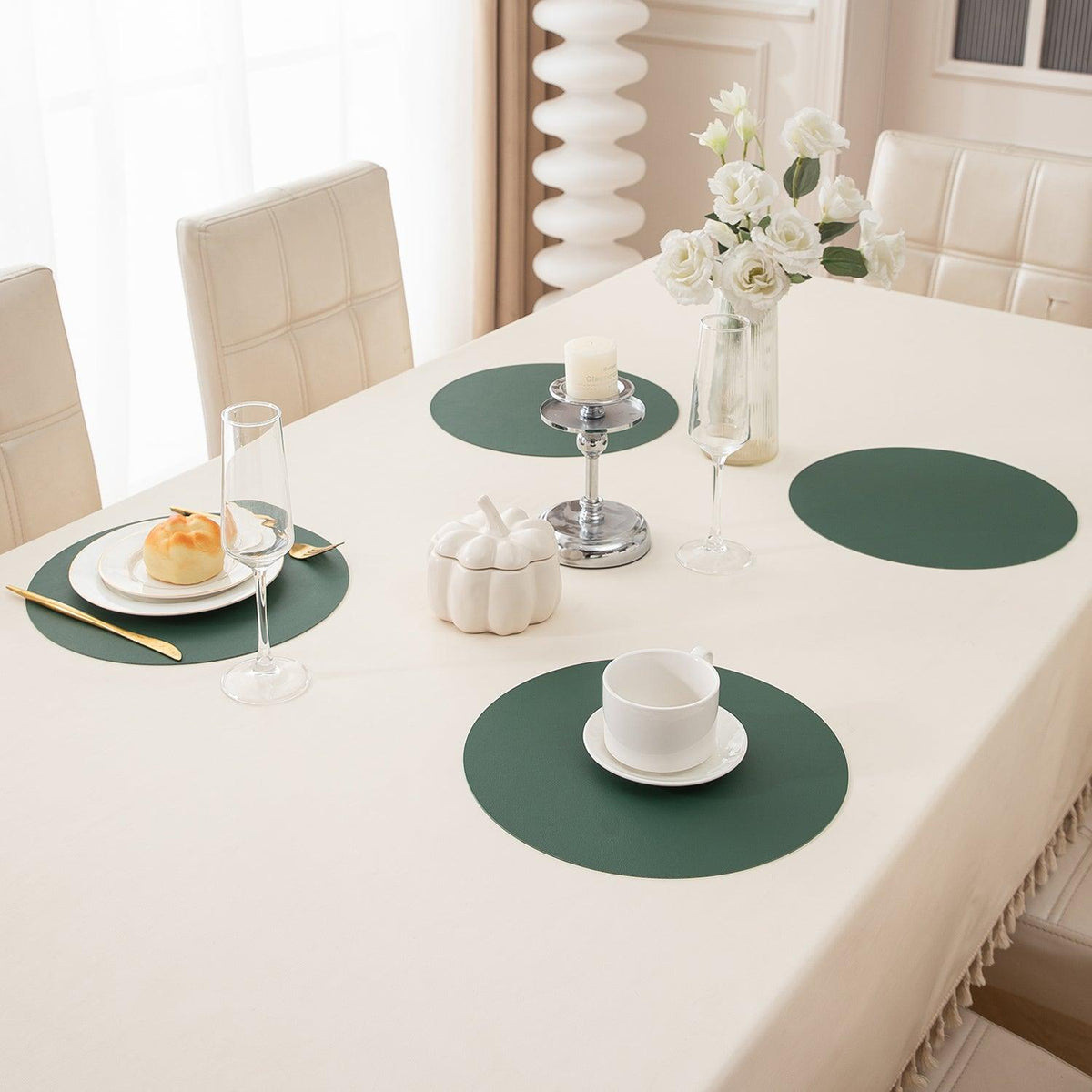 Premium Faux Leather Dining Table Round Mats, Juniper Green - HOKIPO | Har Ghar ka Humsafar
