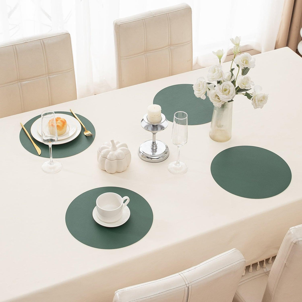Premium Faux Leather Dining Table Round Mats, Juniper Green - HOKIPO | Har Ghar ka Humsafar