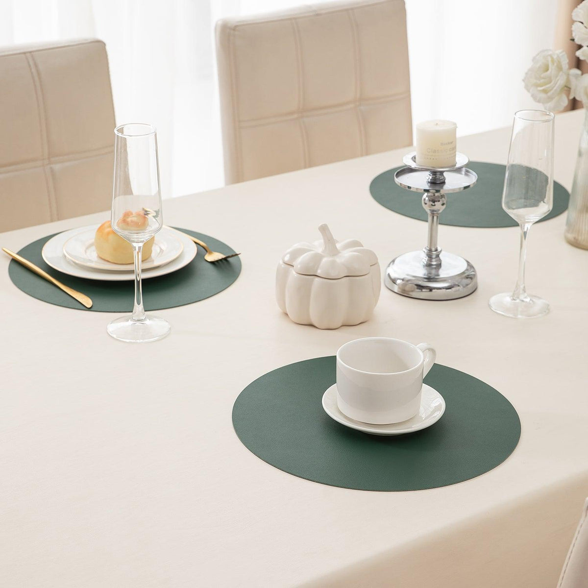 Premium Faux Leather Dining Table Round Mats, Juniper Green - HOKIPO | Har Ghar ka Humsafar