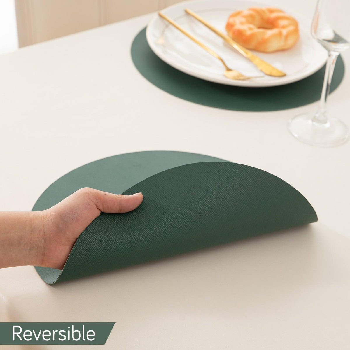 Premium Faux Leather Dining Table Round Mats, Juniper Green - HOKIPO | Har Ghar ka Humsafar