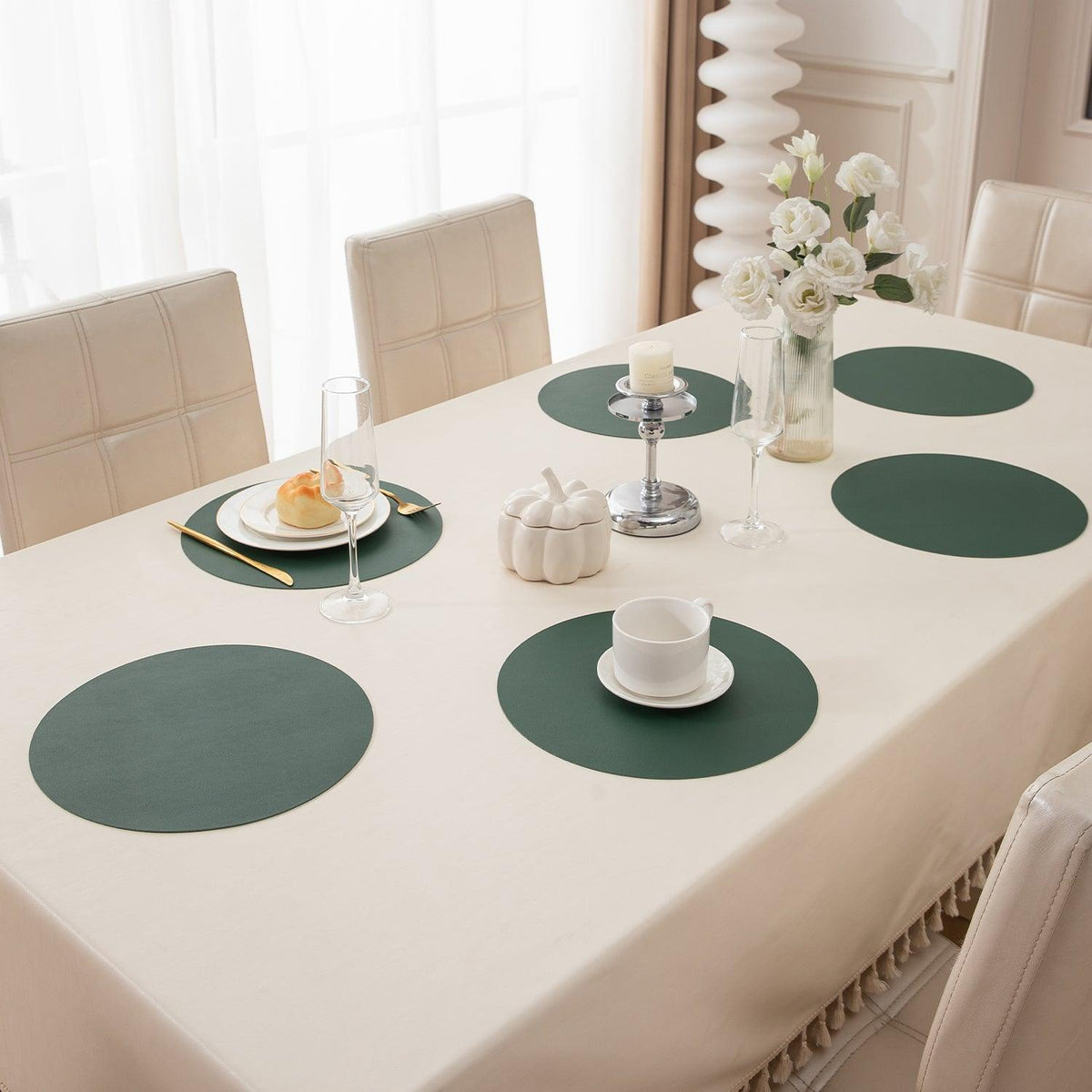 Premium Faux Leather Dining Table Round Mats, Juniper Green - HOKIPO | Har Ghar ka Humsafar
