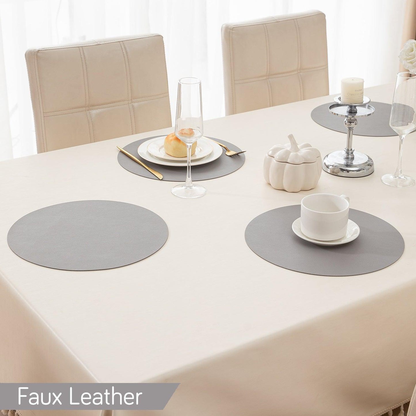 Premium Faux Leather Dining Table Round Mats, Moon Grey - HOKIPO | Har Ghar ka Humsafar