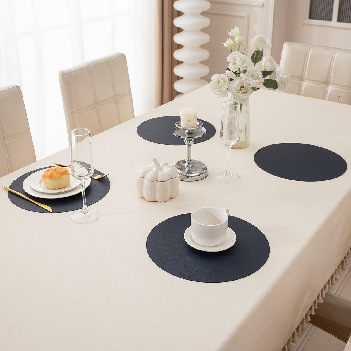 Premium Faux Leather Dining Table Round Mats, Navy Blue - HOKIPO | Har Ghar ka Humsafar