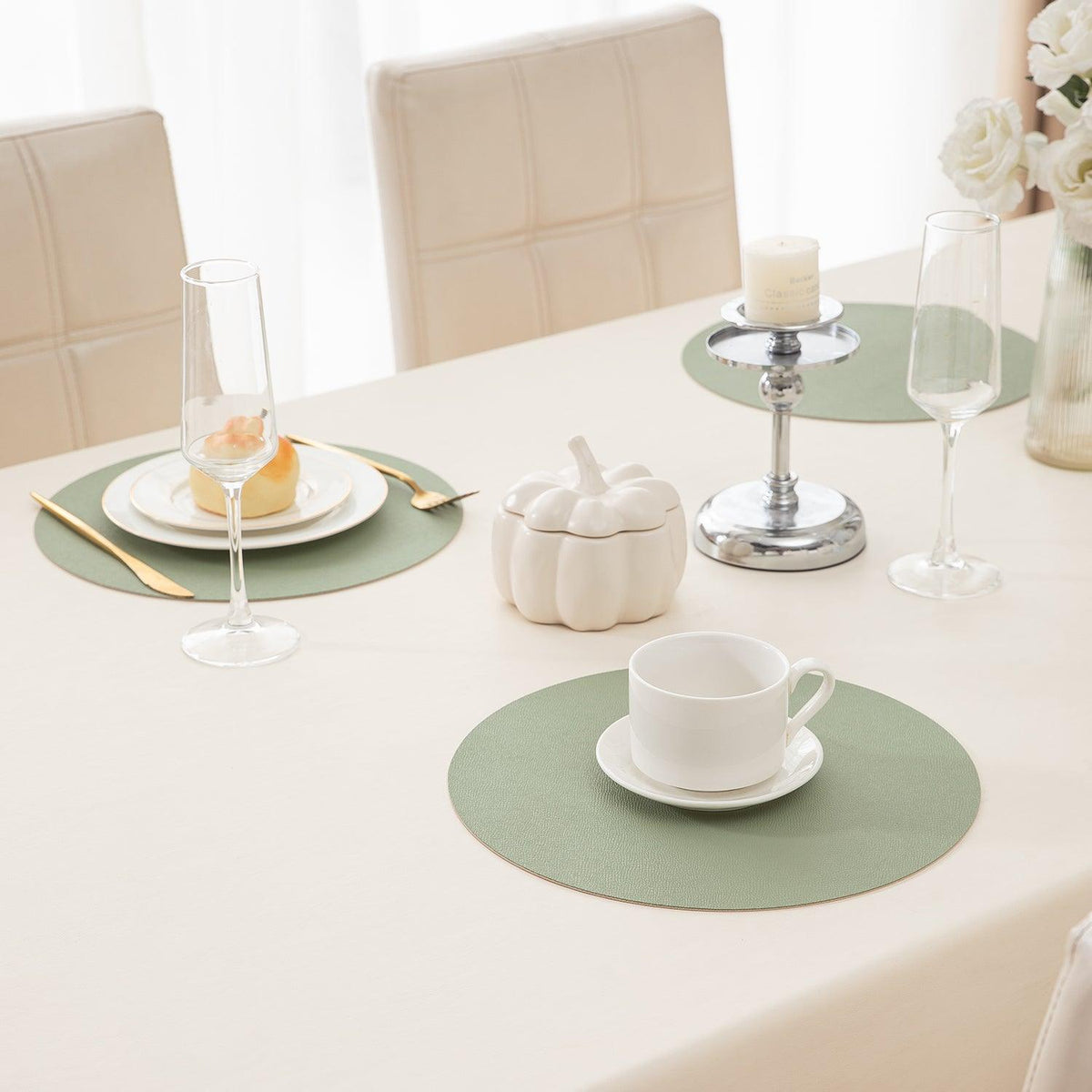 Premium Faux Leather Dining Table Round Mats, Pistachio Green - HOKIPO | Har Ghar ka Humsafar