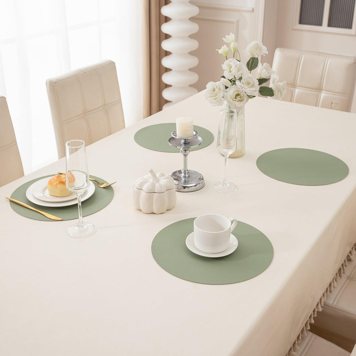 Premium Faux Leather Dining Table Round Mats, Pistachio Green - HOKIPO | Har Ghar ka Humsafar