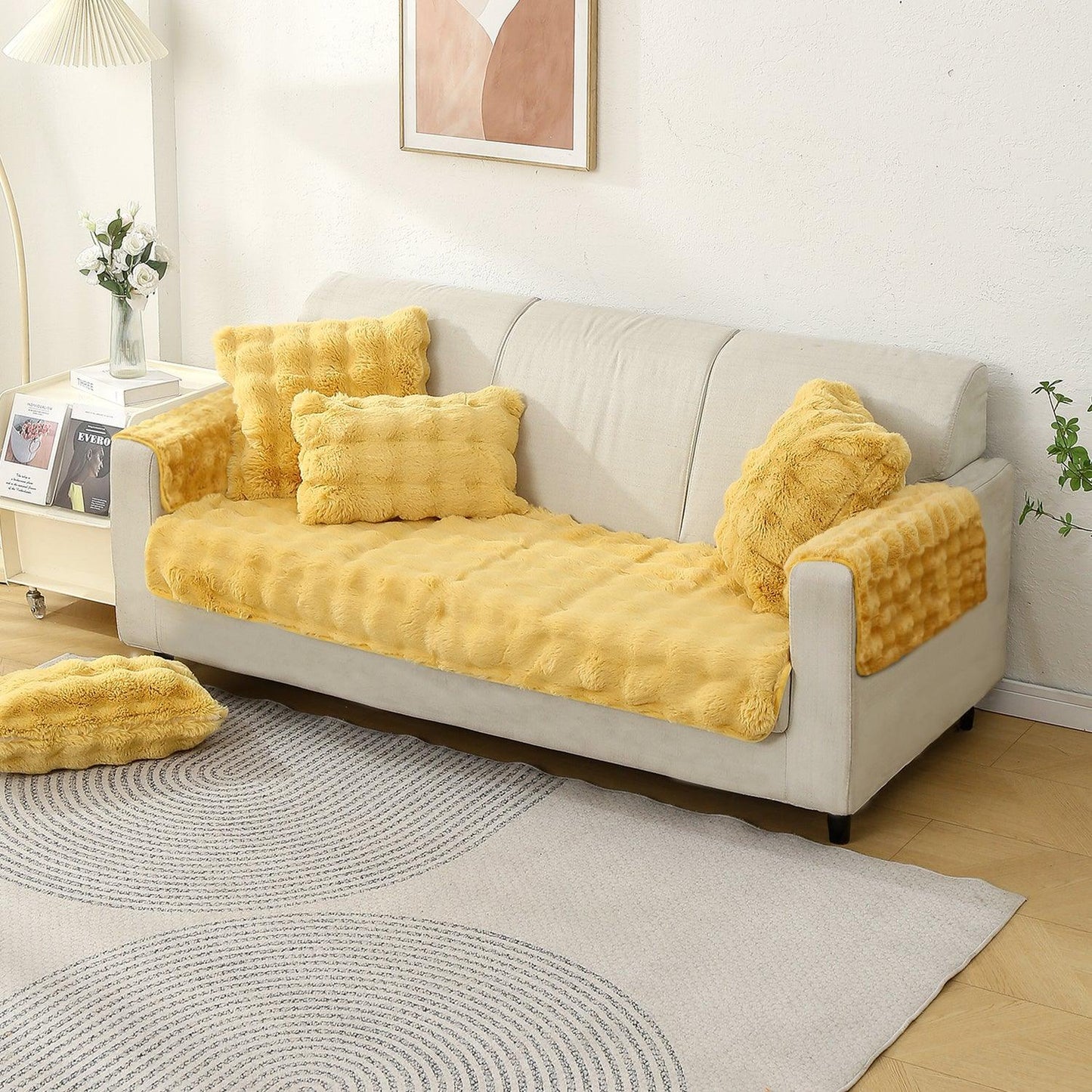 Premium Faux Rabbit Fur Anti Slip Sofa Cover Mat with 2 Armrest Cover, Honey Yellow - HOKIPO | Har Ghar ka Humsafar