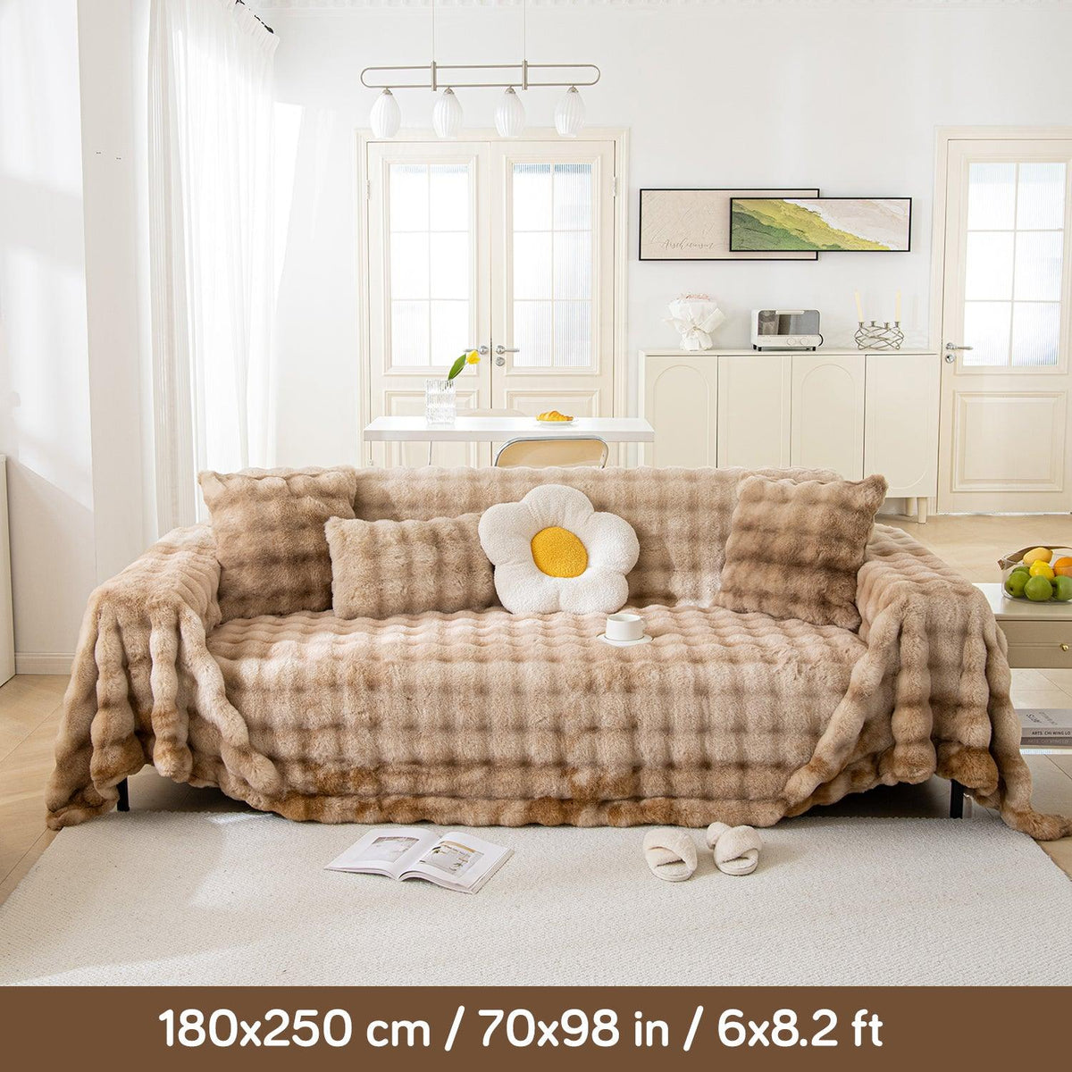 Brown Premium Gradient Faux Rabbit Wool Sofa Throw | HOKIPO