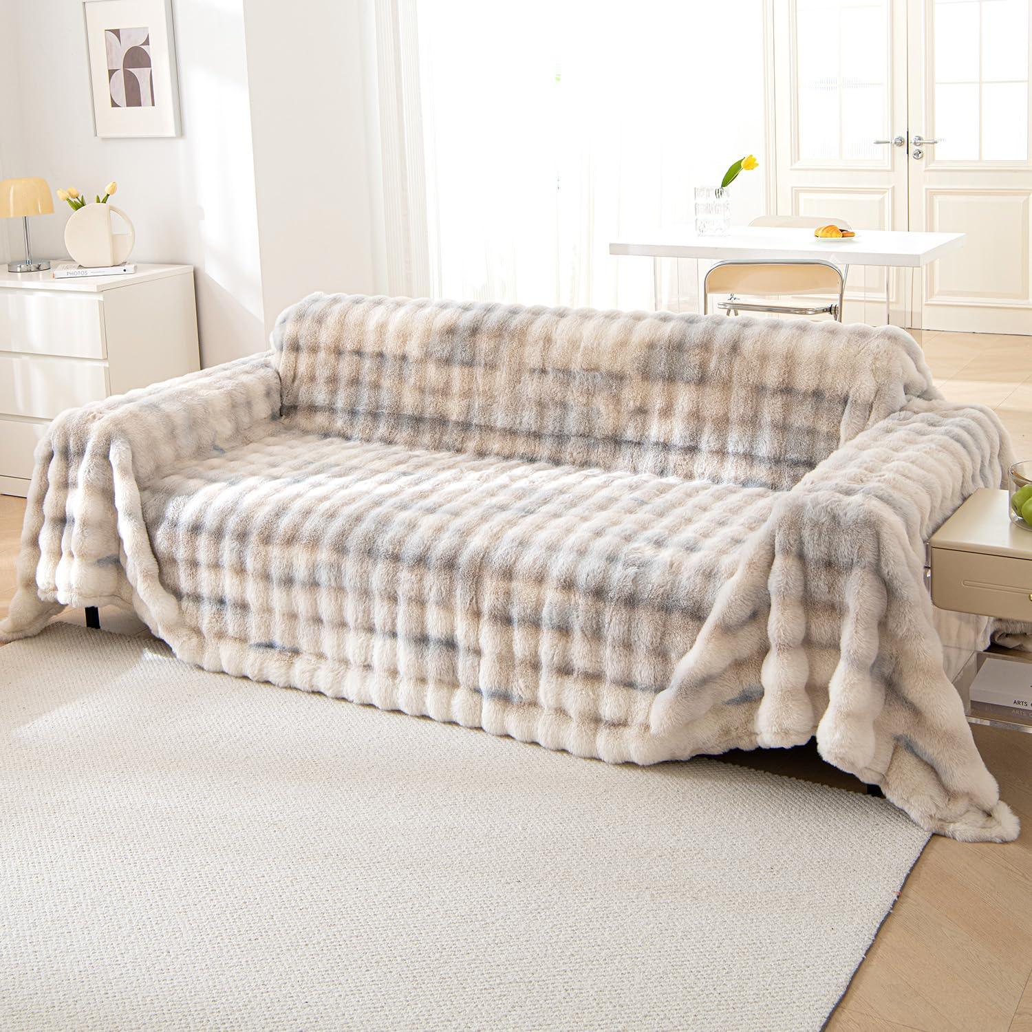 Premium Gradient Faux Rabbit Wool Sofa Throw Fluffy Sofa Cover, Cream | HOKIPO