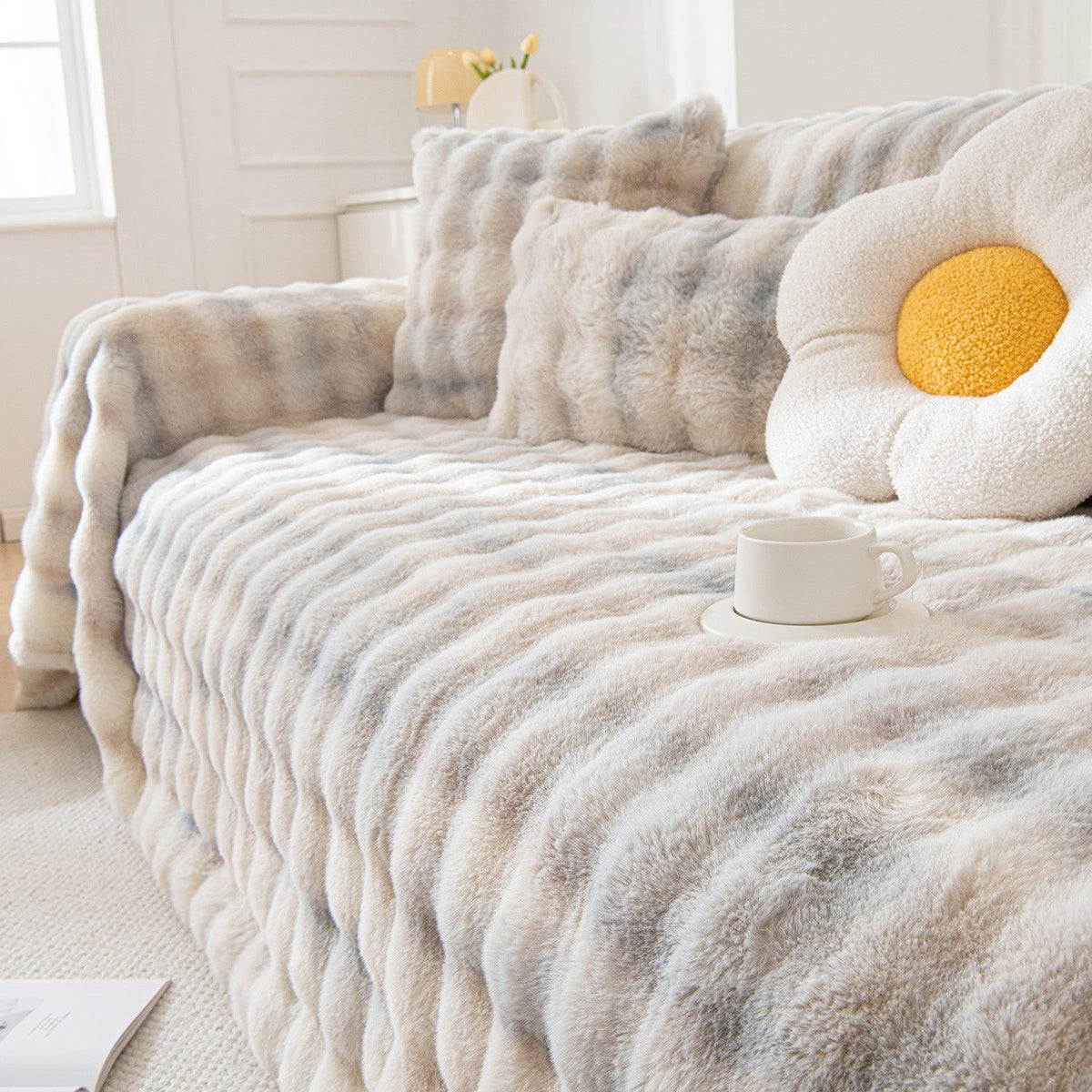 Cream Luxury Gradient Faux Rabbit Wool Sofa Throw – 3 Seater | HOKIPO