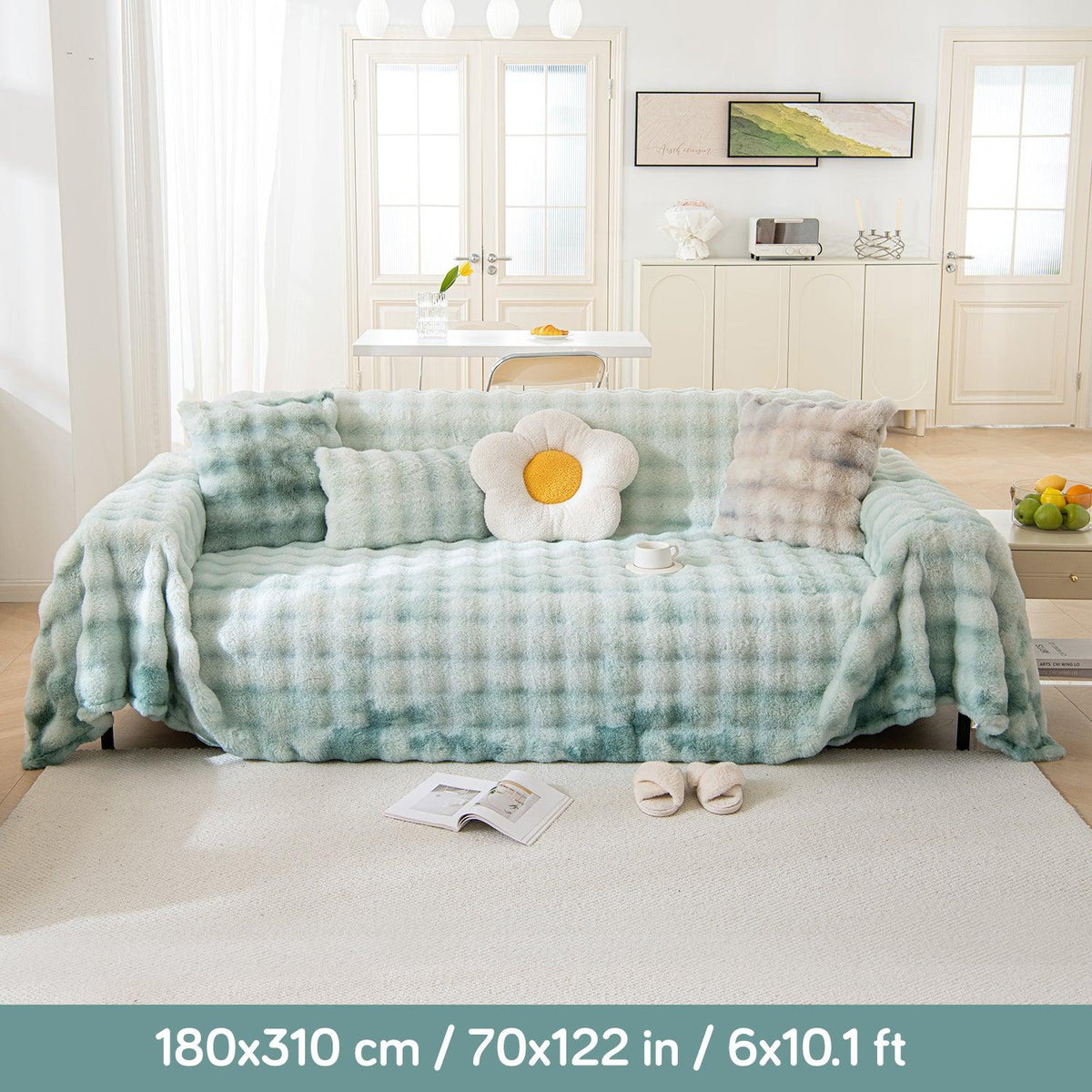 Buy Green Gradient Faux Rabbit Wool Sofa Throws | HOKIPO