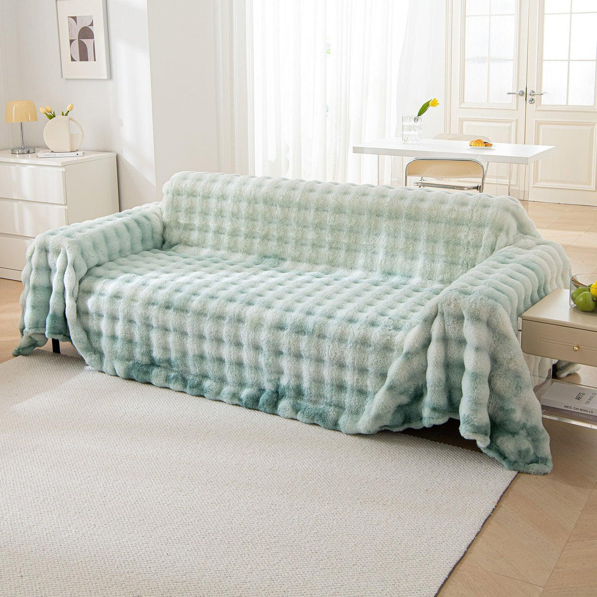 Green Colour Luxury Gradient Faux Rabbit Wool Sofa Throw | HOKIPO