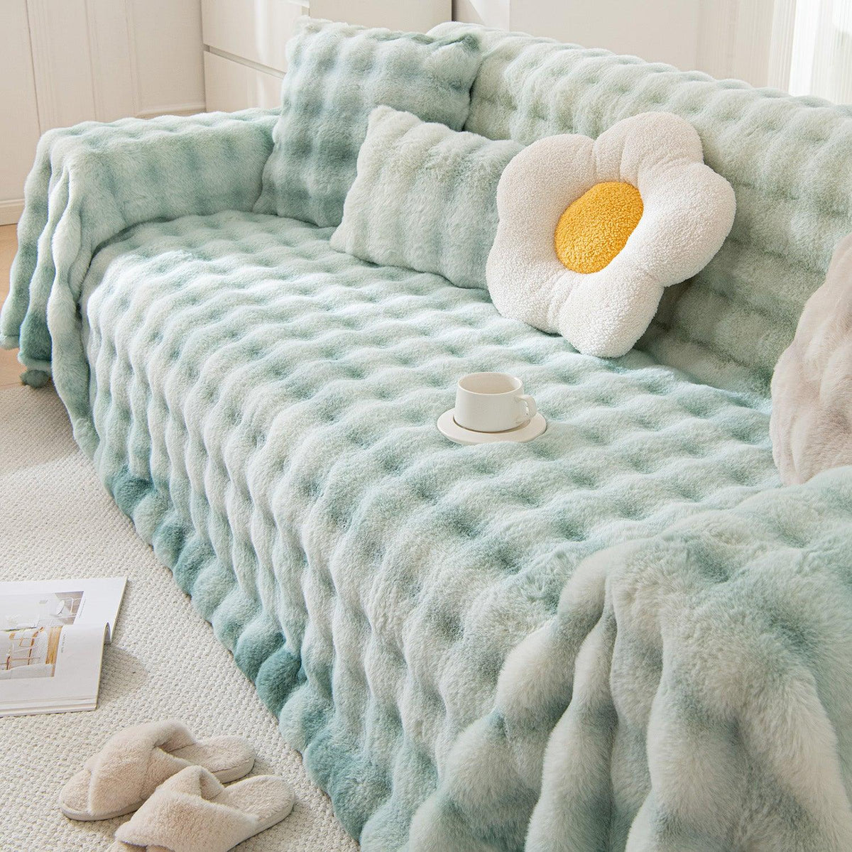 3 Seater Green Luxury Gradient Faux Rabbit Wool Sofa Throw | HOKIPO