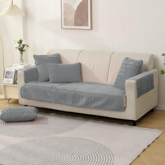 Premium Plush Anti Slip Sofa Cover Mat with 2 Armrest Cover and Cushion Cover, Light Grey