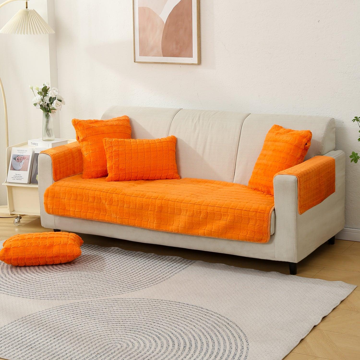 Premium Plush Sofa Cover Mat with 2 Arm Cover, Orange - HOKIPO | Har Ghar ka Humsafar