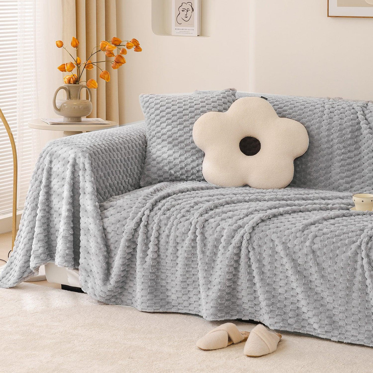 Three seater Ice Grey rabbit plush sofa throws | HOKIPO