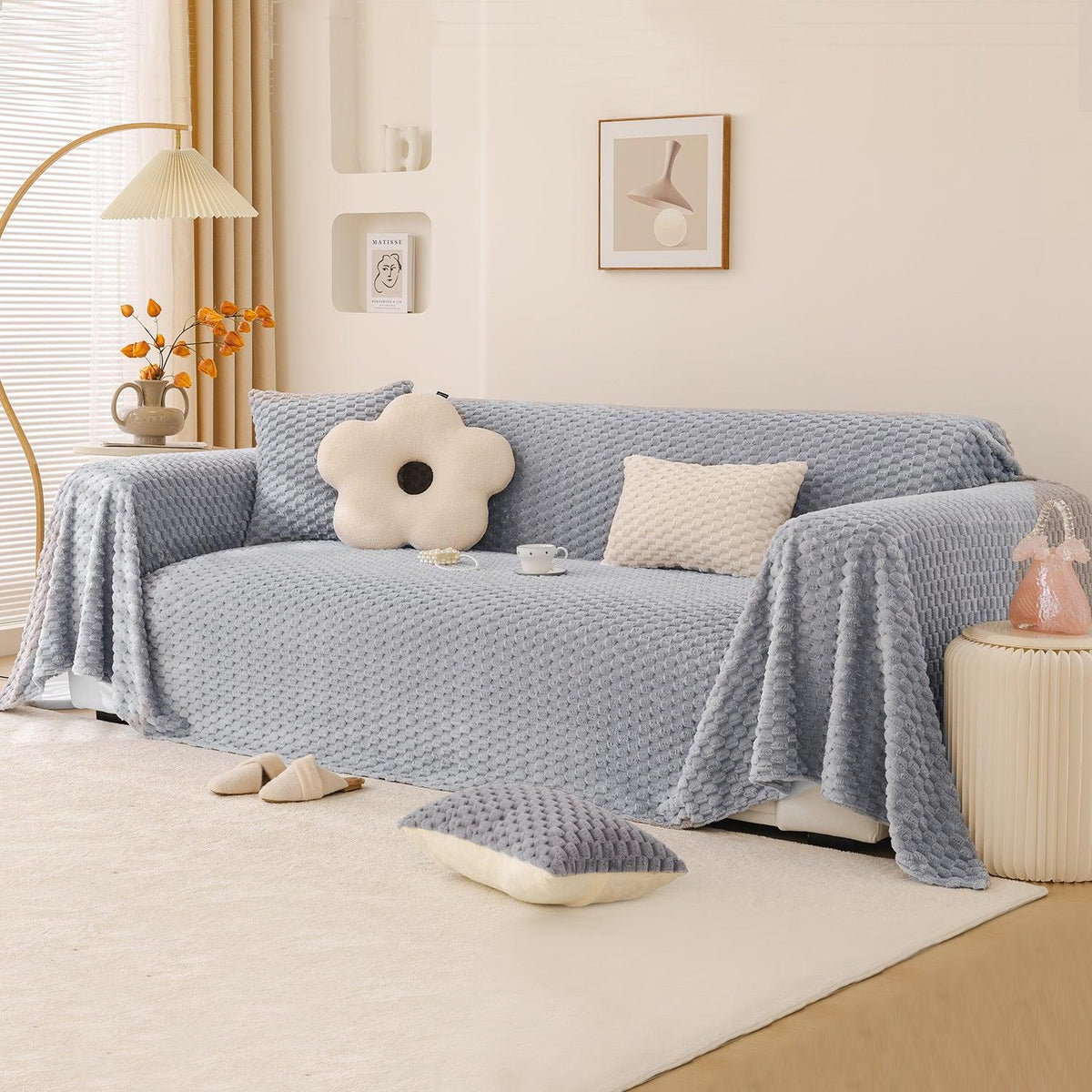Ice Grey Luxury Rabbit Plush Sofa Throw – 3 Seater | HOKIPO