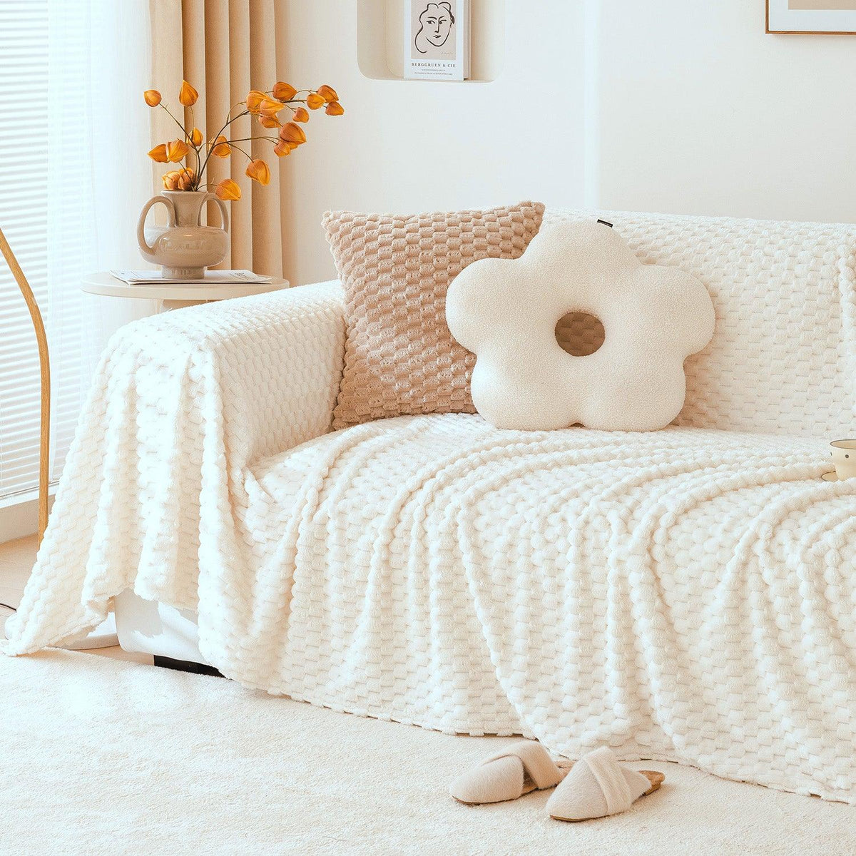 Pearl White Skin-friendly and non-shedding Premium Rabbit Plush Sofa Throw Cover | HOKIPO
