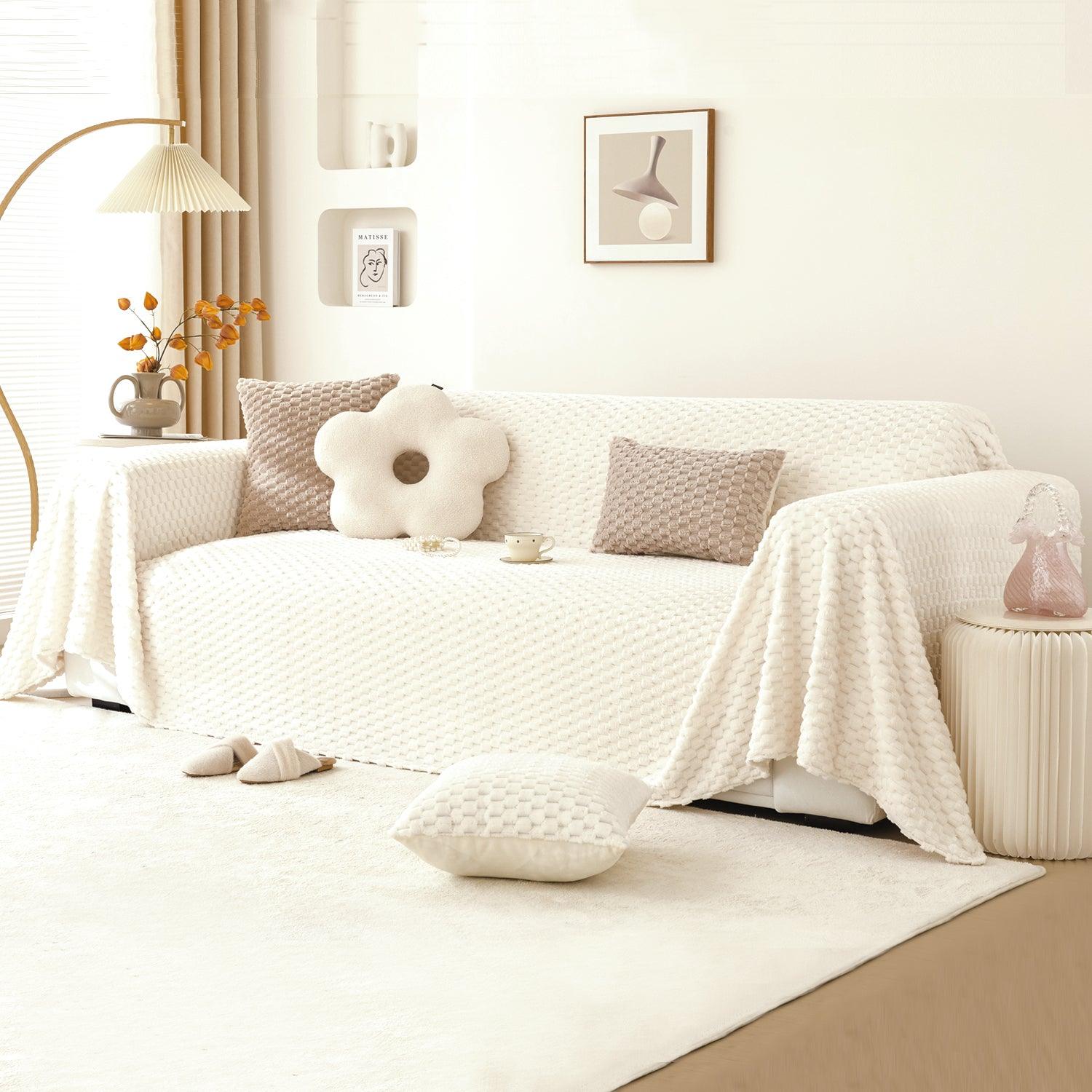 Premium Rabbit Plush Sofa Throw Blanket, Pearl White | HOKIPO