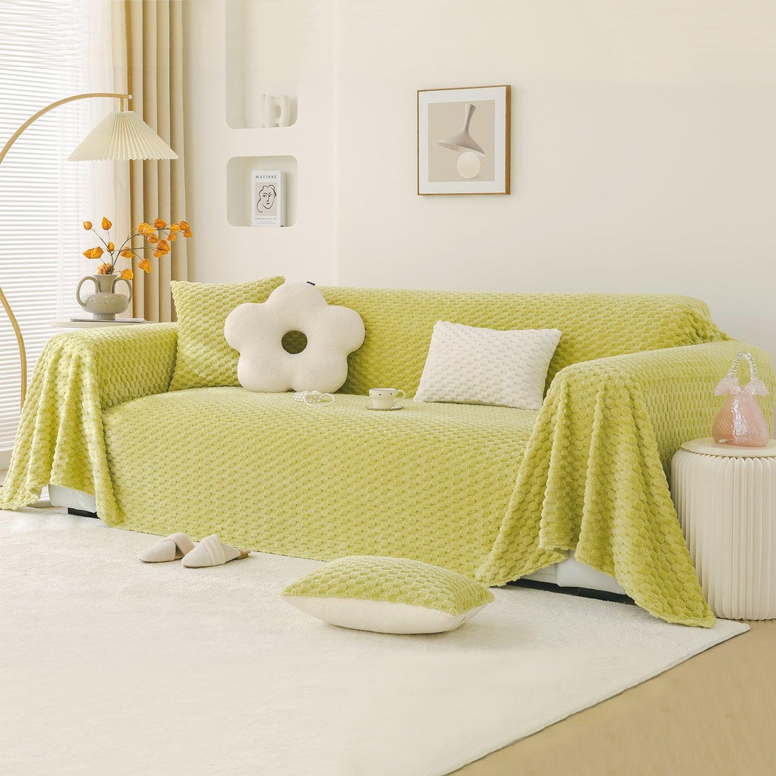 Premium Rabbit Plush Sofa Throw, Pastel Green | HOKIPO 