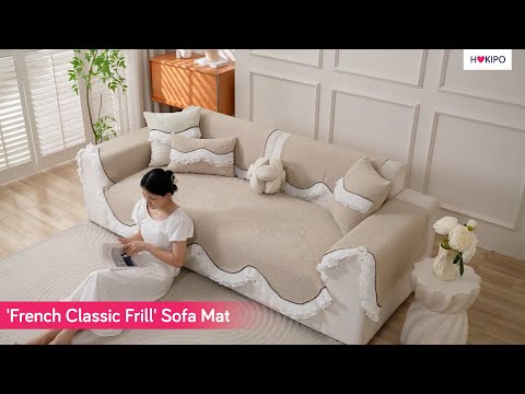 French Classic Frill Wavy Sofa Cover Mat with Curve & Lace - Champagne Beige