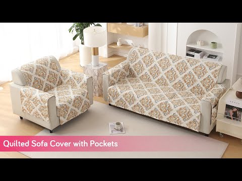 Quilted Printed Polyester Sofa Cover Mat for 1/2/3 Seater Sofa with Side Pockets, Pet Friendly, Floral Ash Grey