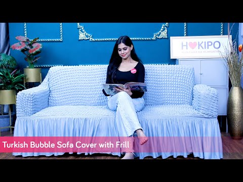 Elastic Stretchable 280 GSM Bubble Sofa Cover with Frill, Sky Blue