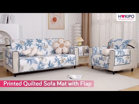 Quilted Printed Sofa Cover with Pockets, Beige Peonies