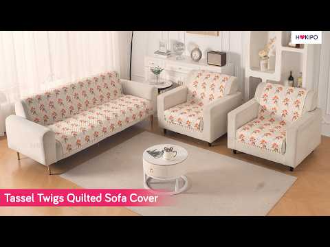 Quilted Sofa Cover 5-Seater Sofa Cover (3+1+1), Tassel Twigs | Autumn Blossom