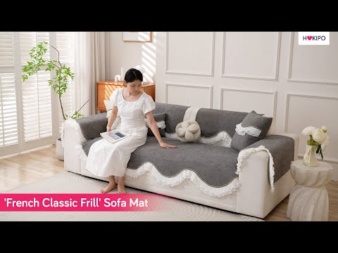 French Classic Frill Wavy Sofa Cover Mat with Curve & Lace - Moonstone Grey