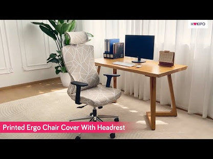 Printed Office Chair Cover with Headrest (High-Back) – 140 GSM Stretch Fabric – Washable, Anti-Slip Fit for Ergonomic Mesh Office Chairs, Beige Abstract Geometry