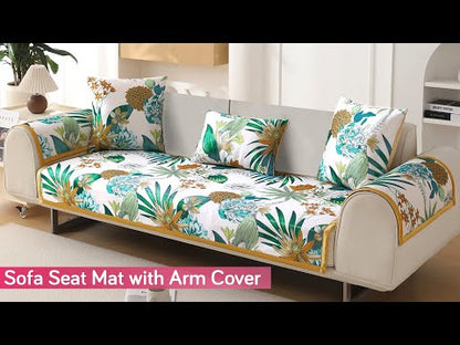 Premium Printed Ice Silk Sofa Cover Mat with Armrest Cover, Pine Green Floral