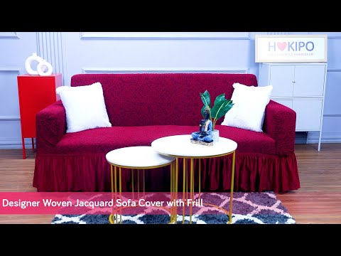 Elastic Stretchable Designer Woven Jacquard Sofa Cover with Frill, Navy Blue