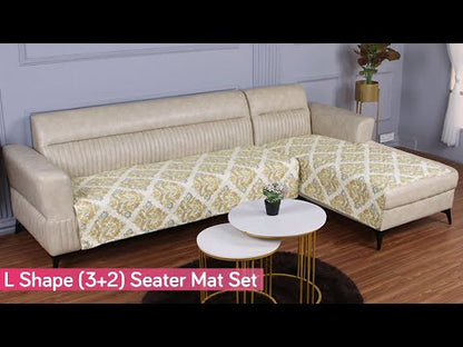 Printed Quilted L Type Sofa Mat Set (3+2 Seater), Ogee Ivory