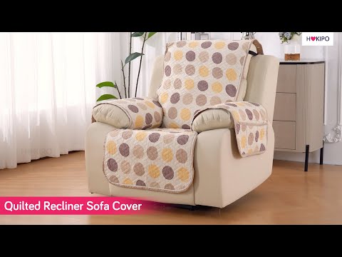 Quilted Cover for Recliner Sofa with SecureFit Belt & Side Pocket, Beige Peonies