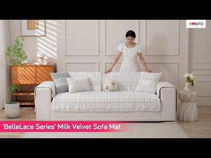 BelleLace Series Imperial Milk Velvet Sofa Cover Mat with Lace Design - Pearl White