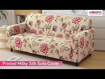 Beach Beige Dahlia Printed Elastic Sofa Cover, Stretchable & Full Fitted