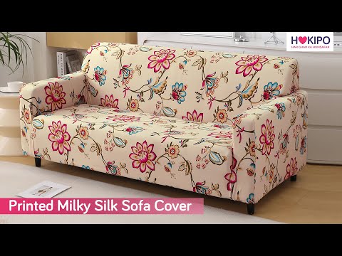 Beach Beige Dahlia Printed Elastic Sofa Cover, Stretchable & Full Fitted