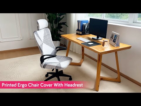Printed Office Chair Cover with Headrest (High-Back) – 140 GSM Stretch Fabric – Washable, Anti-Slip Fit for Ergonomic Mesh Office Chairs, Snow White Black Geometry