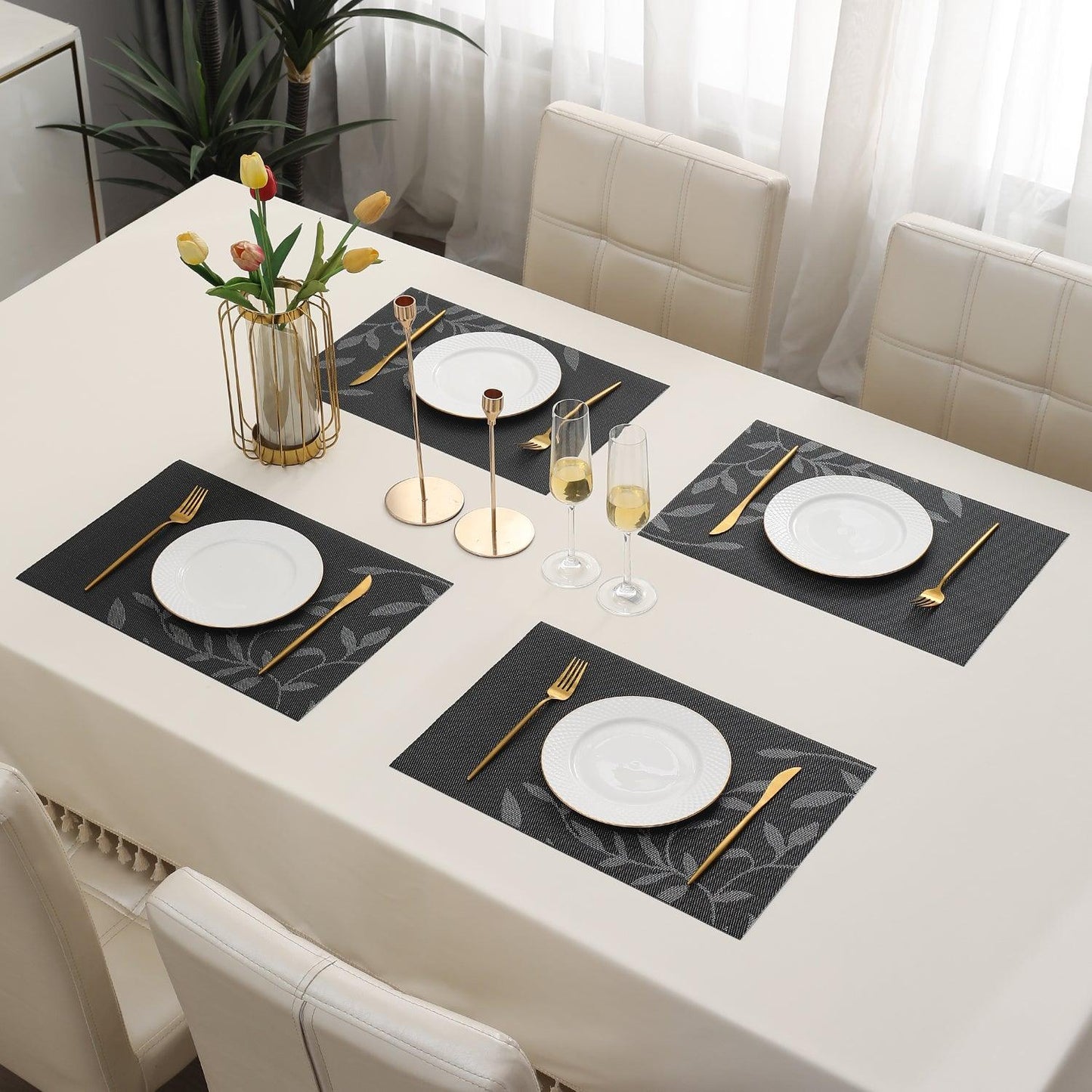 PVC Dining Table Mats, Black Leaves - HOKIPO | Har Ghar ka Humsafar