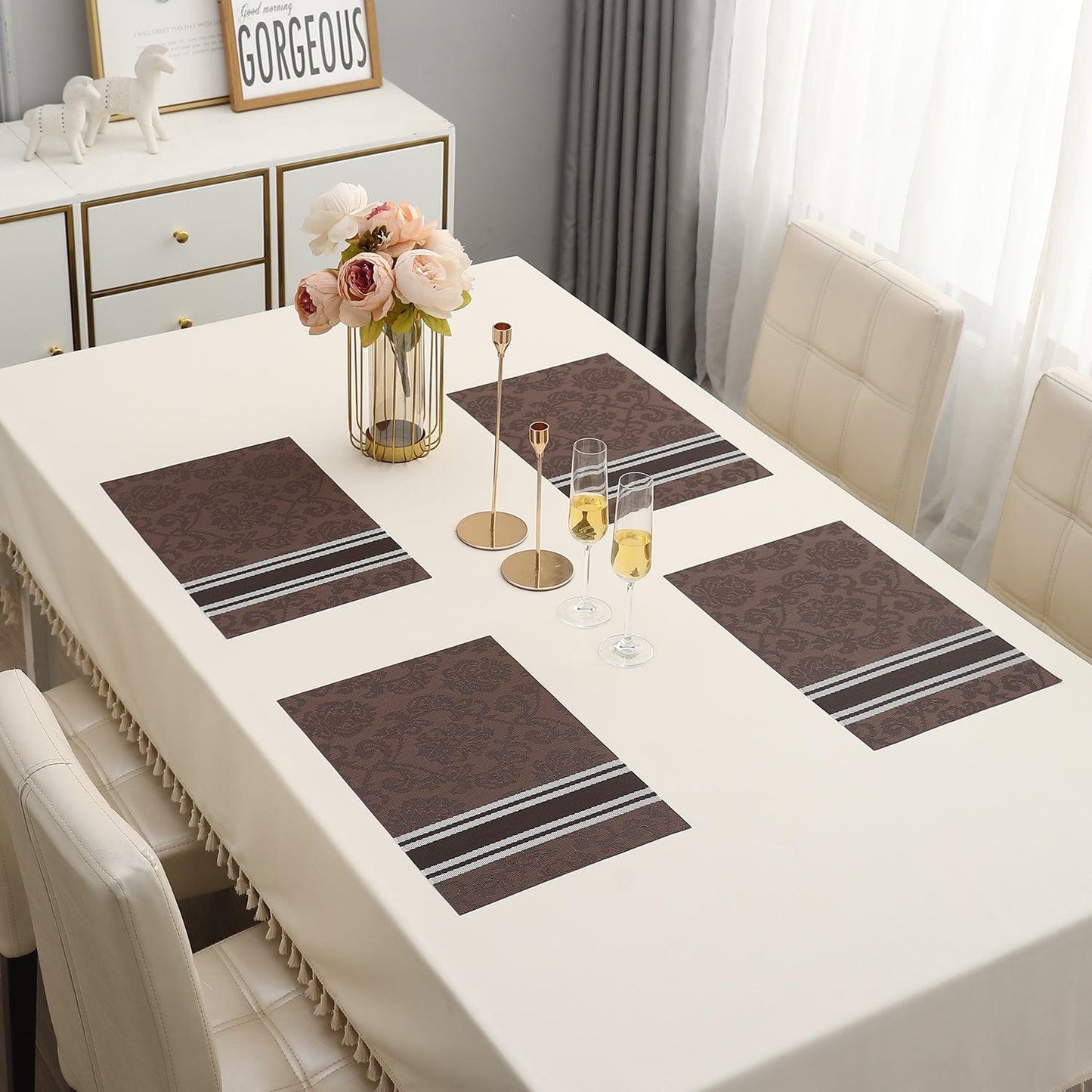 PVC Dining Table Mats, Damask Brown - HOKIPO | Har Ghar ka Humsafar