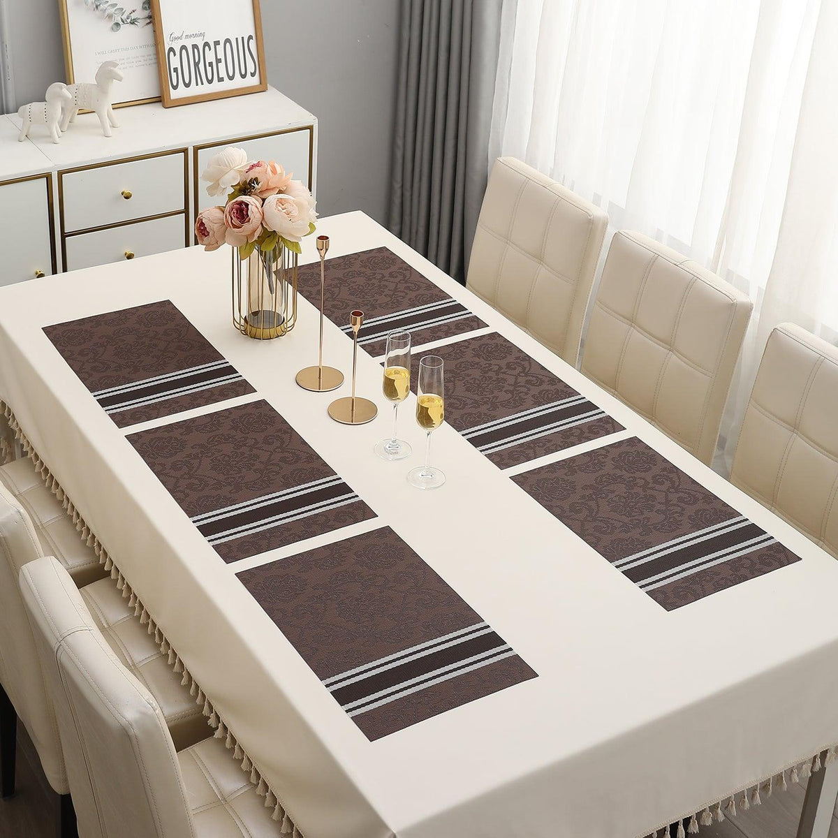 PVC Dining Table Mats, Damask Brown - HOKIPO | Har Ghar ka Humsafar