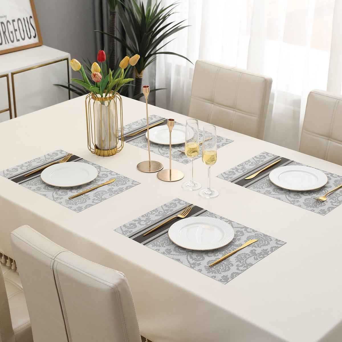 PVC Dining Table Mats, Damask Grey - HOKIPO | Har Ghar ka Humsafar