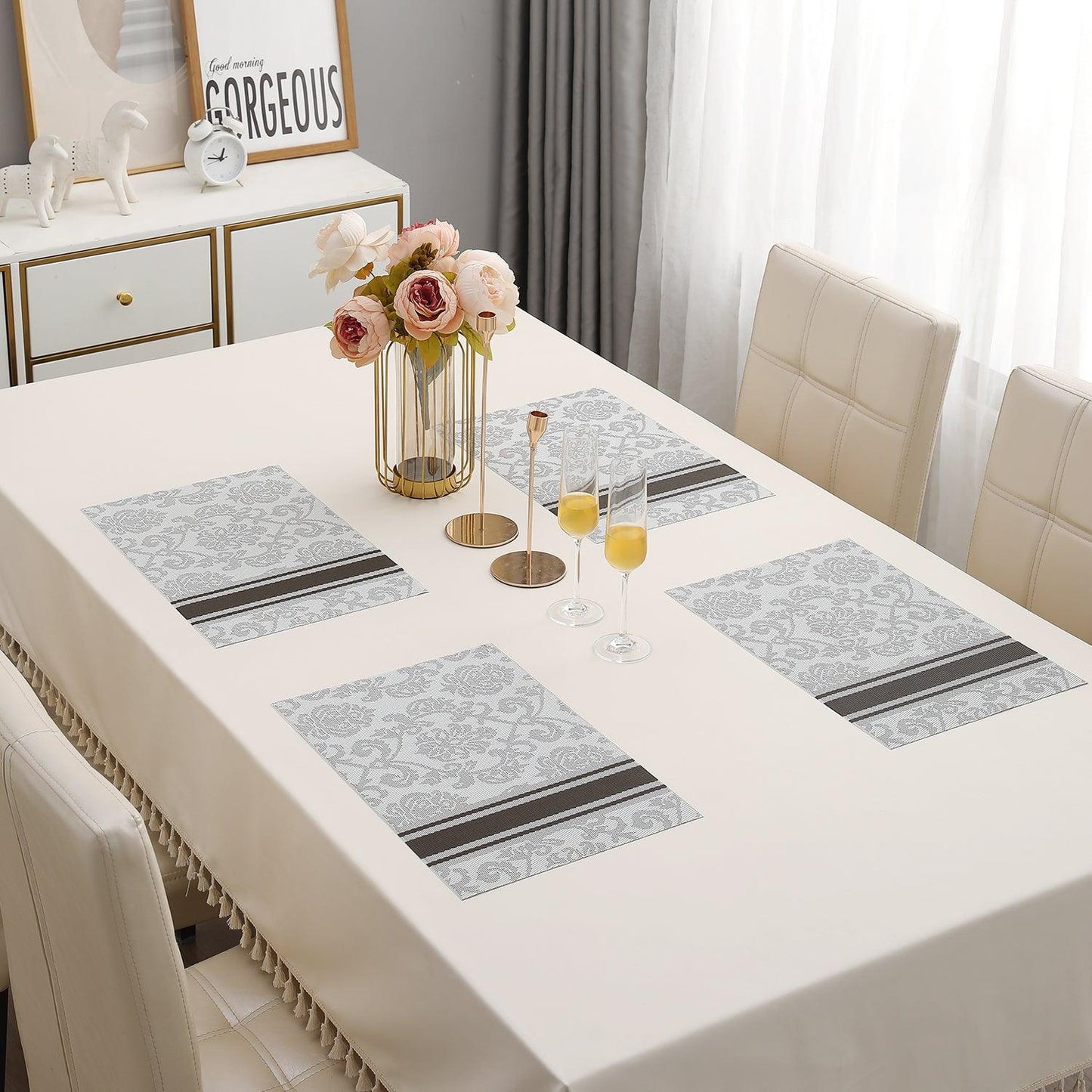 PVC Dining Table Mats, Damask Grey - HOKIPO | Har Ghar ka Humsafar