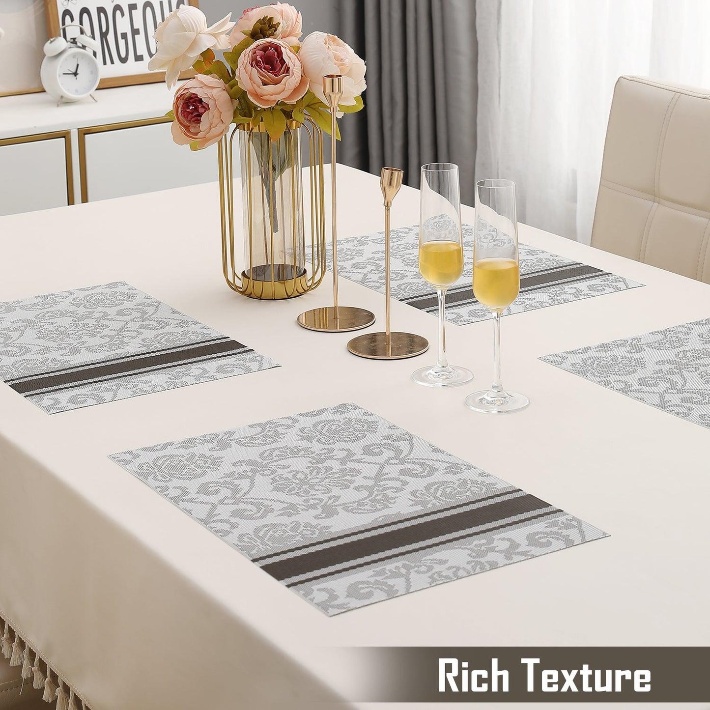 PVC Dining Table Mats, Damask Grey - HOKIPO | Har Ghar ka Humsafar