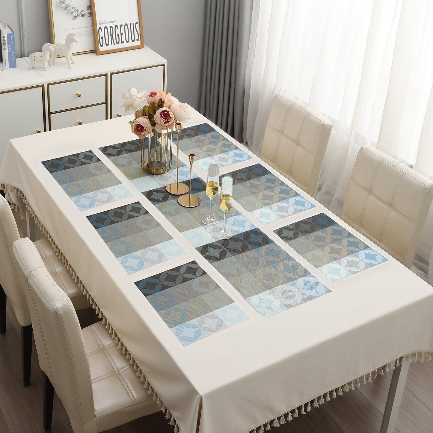 PVC Dining Table Mats, Geometric Blue - HOKIPO | Har Ghar ka Humsafar