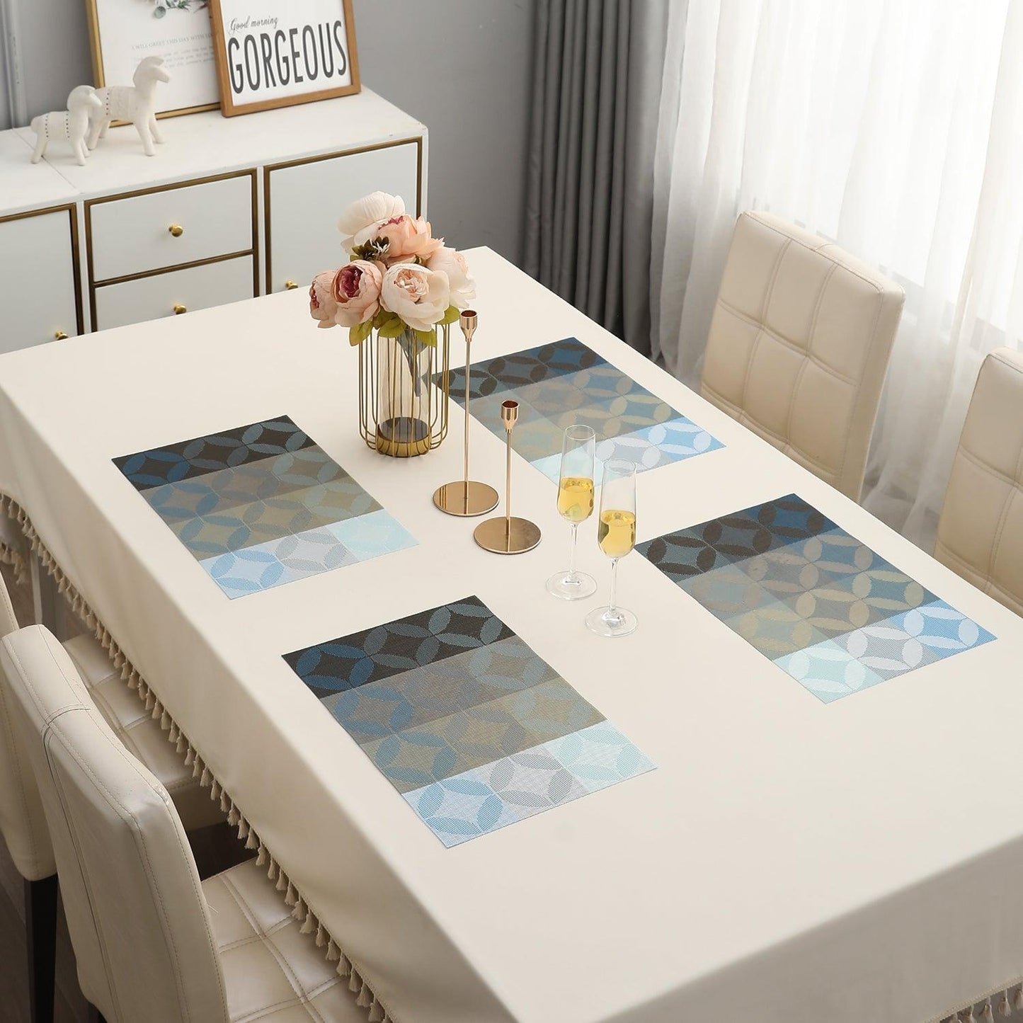 PVC Dining Table Mats, Geometric Blue - HOKIPO | Har Ghar ka Humsafar