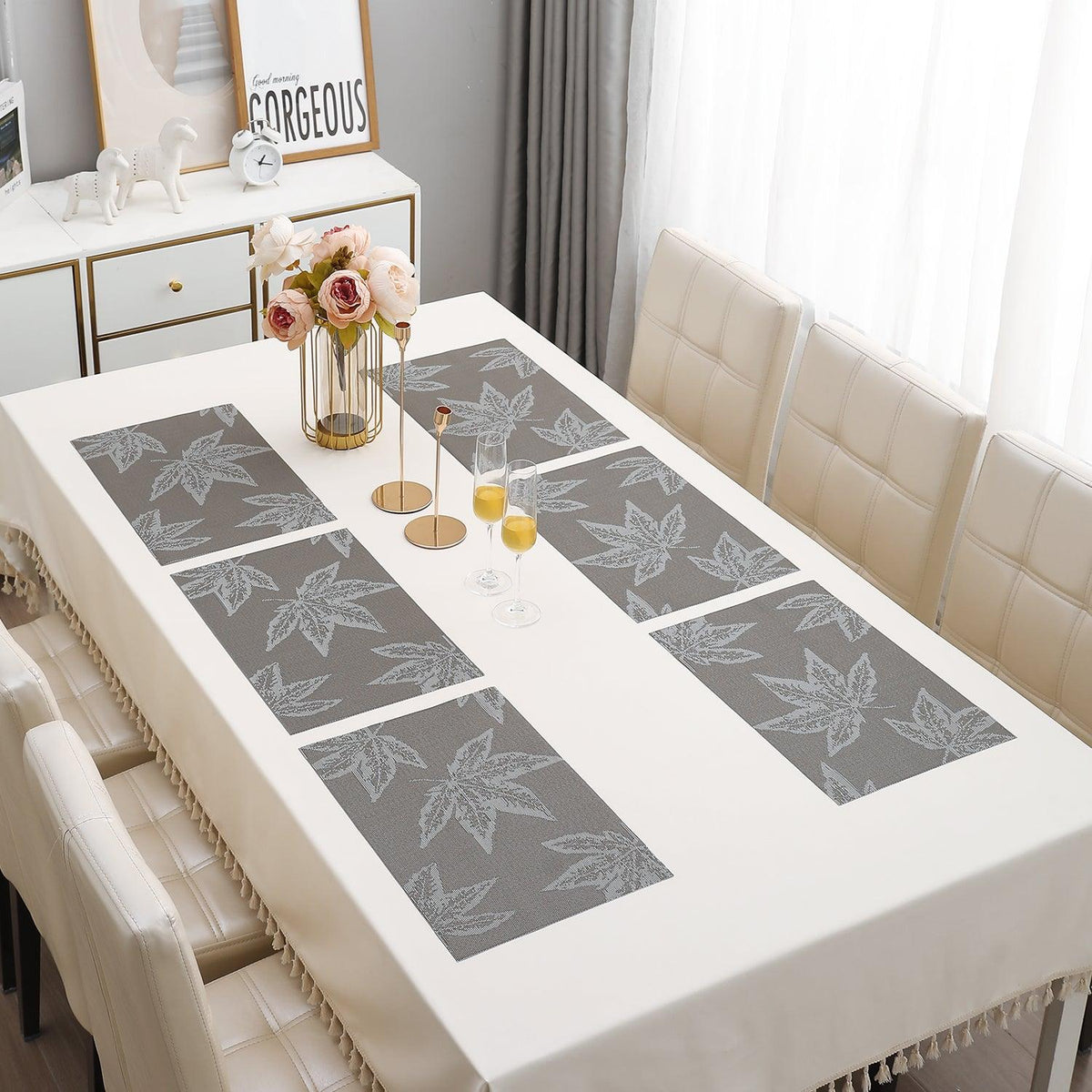 PVC Dining Table Mats, Grey Maple Leaf - HOKIPO | Har Ghar ka Humsafar